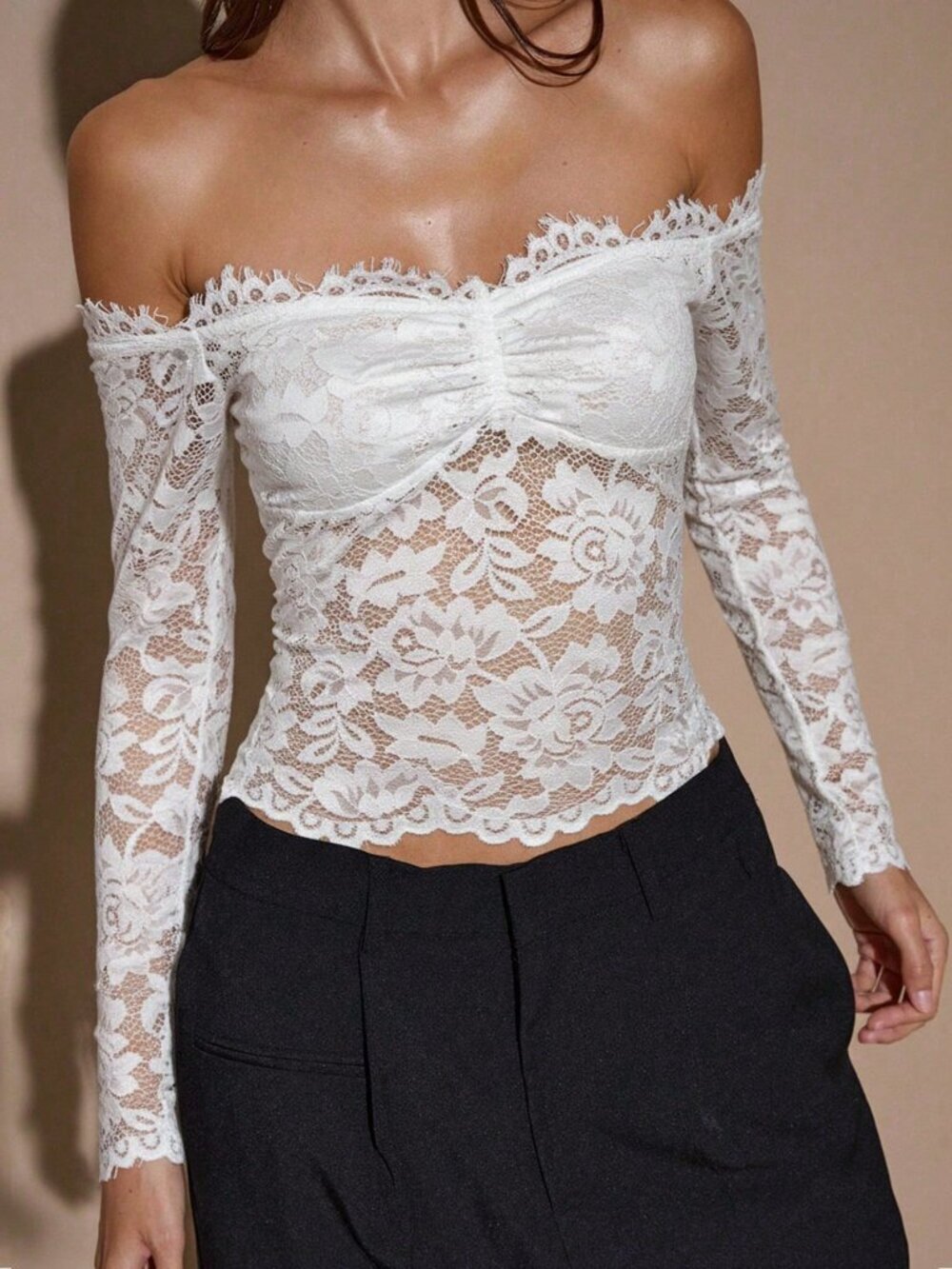 White Sheer Lace Women's Off-Shoulder Long Sleeve Top - Picture 6 of 6